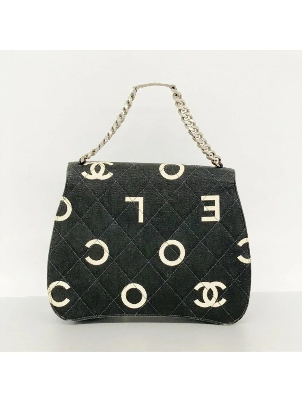 Chanel Handbag Canvas Black White Silver